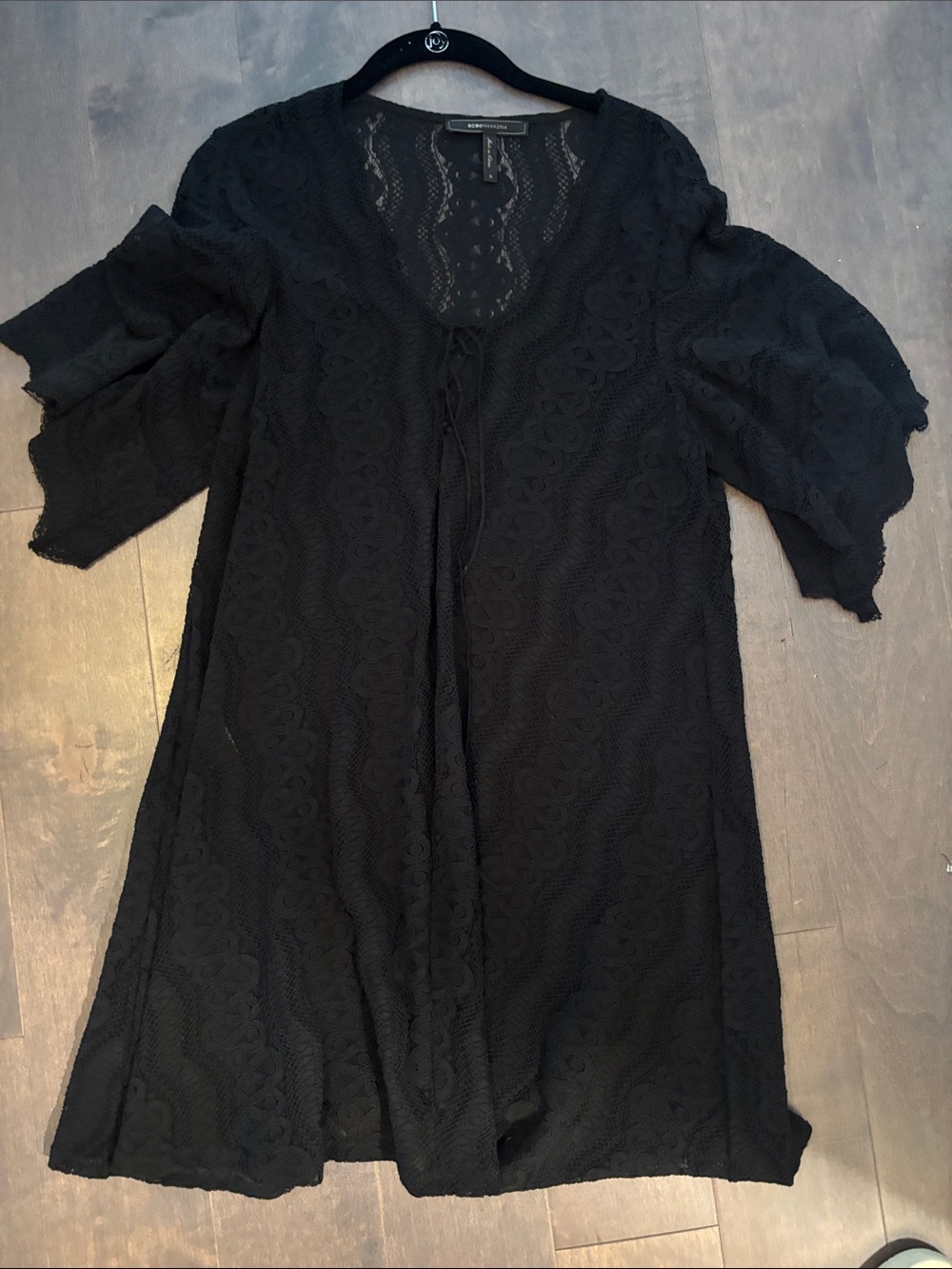 BCBGMaxAzria Black Lace Mini Tunic Dress Top with Tie Front